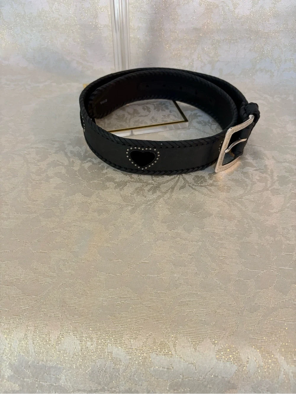 Brighton Gray and Black Heart Belt with Heart Stud Accent and Whipstitch Edges